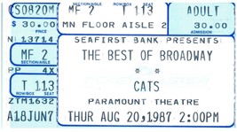 Vintage Meilleur De Broadway Chats Ticket August 20 1987 PARAMOUNT Pièce... - £22.70 GBP