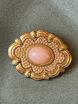 Vintage Light Orange Peach Oval Plastic Cab w Tiny Faux Seed Pearls &amp; Brushed - £11.90 GBP