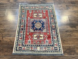 Small Turkish Kazak Rug 3x4 Wool Hand Knotted Vintage Carpet Red Navy Blue Ivory - £781.05 GBP