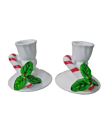 Set 2 Vintage Ceramic Candle Stick Holders Christmas Candy Cane Holly Mi... - £9.14 GBP