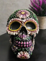 Black Day of The Dead Purple Fuchsia Floral Blooms Sugar Skull Figurine ... - $29.99