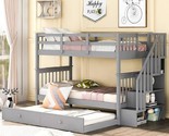 Stairway Twin Over Twin Bunk Bed With Trundle And Storage Stairs, Solid ... - $1,054.99