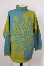 Vtg 90s Express Tricot L Chunky Snowflake Green Blue Mockneck Wool Sweater - $43.70