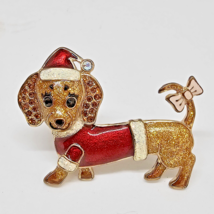 Betsey Johnson Dachshund Dog Pin Brooch Gold Tone &amp; Crystals Christmas B... - £15.60 GBP