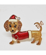 Betsey Johnson Dachshund Dog Pin Brooch Gold Tone &amp; Crystals Christmas B... - £15.69 GBP