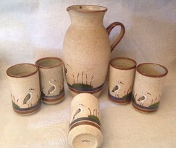 VTG Tonala Mexico Stoneware Pottery Hand Made Painted Folk Art Pitcher + 5 Cups - £26.09 GBP