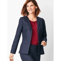 Womens Size 14 Talbots Navy Blue Windowpane Plaid Collarless Blazer Jacket - £32.19 GBP