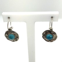 Vintage Sign Sterling Handmade Round Blue Glass Stone Drop Dangle Hook Earrings - £31.34 GBP