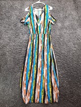 OB Fashion Dress Women Large Blue Stripe Cold Shoulder Blouson Short Sleeve - $10.19