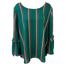 Krazy Kat Womens Blouse Green Striped Long Sleeve Bell Scoop Neck Ruffles XL New - £16.33 GBP