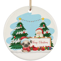 Merry Christmas Cute Baby Pug Dog &amp; Santa Ornament Gift Pine Tree Home Decor - £11.69 GBP