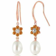 14K Solid Rose Gold Fish Hook Earrings w/ Diamonds, Citrines &amp; Pearls - $447.75