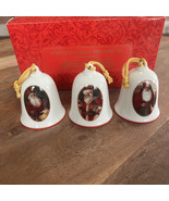 3Vintage Porcelain Christmas Bells Saint Nick White And Red 4.75” Tall - $19.20 CAD