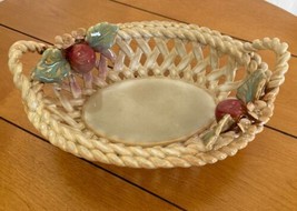 Vintage Ceramic Open Weave Lattice Fruit Basket Leaves Apples Made in Italy - £14.19 GBP