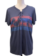 Jessica Simpson Womens Knit Top Size L Drawstring Tie Blue Tropical Print - $15.67