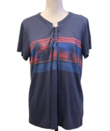 Jessica Simpson Womens Knit Top Size L Drawstring Tie Blue Tropical Print - £12.32 GBP