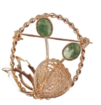 Gold Tone Brooch Pin Floral with Green Stones 1.5 Inches Tall - $8.59