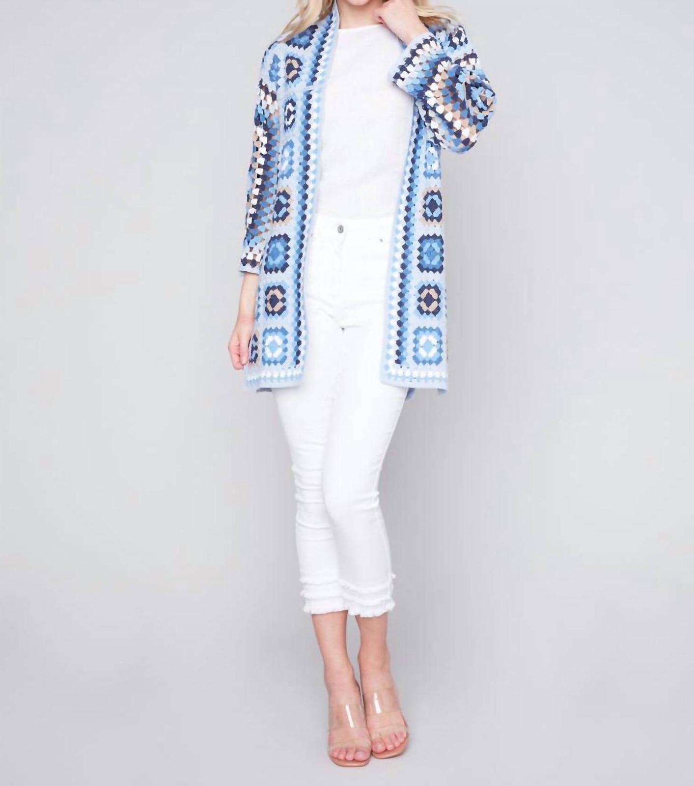 Charlie B Long Crochet Cardigan Mixed Blue - $110.00