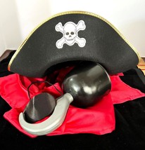 Pirate Costume 4 Piece Lot Black Hat Eye Patch Handheld Hook Red Satin Sash - $14.84