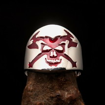 Excellent Men&#39;s Skull Biker Ring crossed red Medieval Axes - Sterling Silver  - £43.15 GBP
