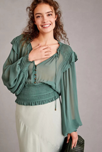 New By Anthropologie Smocked Sheer Blouse $120 SMALL  Blue Green  - £57.42 GBP