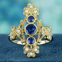 Natural Blue Sapphire Diamond Pearl Vintage Style Cocktail Ring in 9K Gold - £668.40 GBP