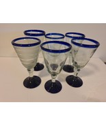 6 Mexican Hand Blown Cobalt Blue Rim Water Goblets Set Wine Glasses Stem... - $598.27 MXN