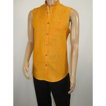 Mens INSERCH linen Shirt Banded Chinese Collar Sleeves-Less SS719 Sunburst image 3