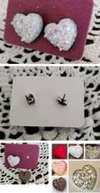 One (1) Pair Fashion Earrings ~ Glittery Heart ~ White ~ Bronze Studs/Posts - £11.75 GBP