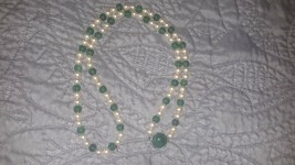 vintage jadeite and pearl long necklace, silver clasp - £59.69 GBP