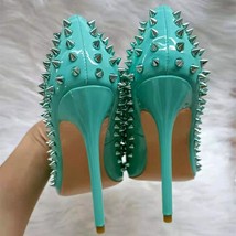 Glossy Mint Green Women Pointy Toe High Heel Shoes with Silver Spikes Sexy Ladie - £64.47 GBP