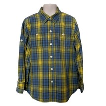 Gap Kids Button Front Long Sleeve Blue &amp; Yellow Flannel Plaid Shirt Size 6-7 - £9.46 GBP
