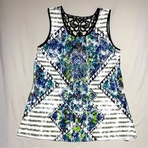 Crochet Tank Top Women XL Colorblock Geometric Print Gem Detail Lace Sexy Back - £22.15 GBP