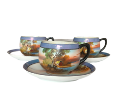 Japan Hand Painted Farm Scenes Blue 3 Teacups Saucers Vintage Lusterware - $33.29