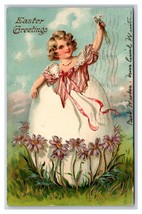 Exaggerated Egg Flowers Little Girl Easter Greetings Embossed DB Postcard S4 - £5.44 GBP