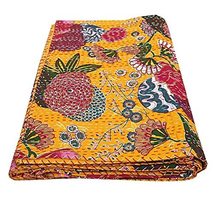 Traditional Jaipur Indian Handmade Yellow Fruit Print Quilt Cotton Throw Bedspre - £43.95 GBP+