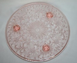 US Glass Vintage Shaggy Rose Pink Footed Cake Plate  #2502 - £29.89 GBP