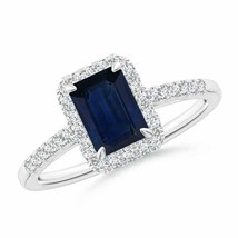 ANGARA Emerald-Cut Sapphire Ring with Diamond Halo for Women in 14K Solid Gold - £1,384.28 GBP