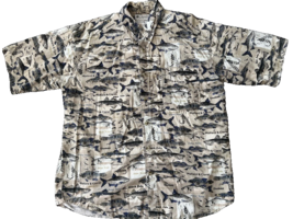 Men&#39;s Large Columbia Allover Fish Print Short Sleeve Cotton Button Down Shirt - £11.58 GBP