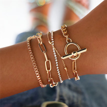 5 Pcs/Set Punk Gold Crystal Thick Chain Bracelet Female Bohemian Geometric Chain - £10.65 GBP