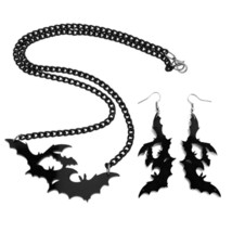 Flying Bats Earrings Necklace Or Set 3&quot; Black Acrylic Pendant Bat Halloween Goth - £6.39 GBP+
