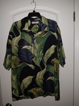 Tommy Bahama Sz. L Silk Hawaiian Camp Shirt Black/green Palm Branches Leaves - $25.89