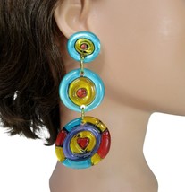 VTG Modernist Acrylic Disc Drop Earrings Clip On Teal Statement Candy Look Retro - $79.15