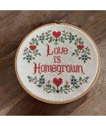 Completed Needlepoint “Love Is Homegrown” Framed Round Wooden Hoop 7.25” - $228.47 MXN