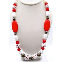 Whimsical Polka Dot Beaded Necklace, Colorful Bright Red and White Vintage - £22.23 GBP