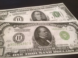 Reproduction Copy Pair 1928 $1000 &amp; $500 Bills Federal Reserve Notes St. Louis - £4.73 GBP