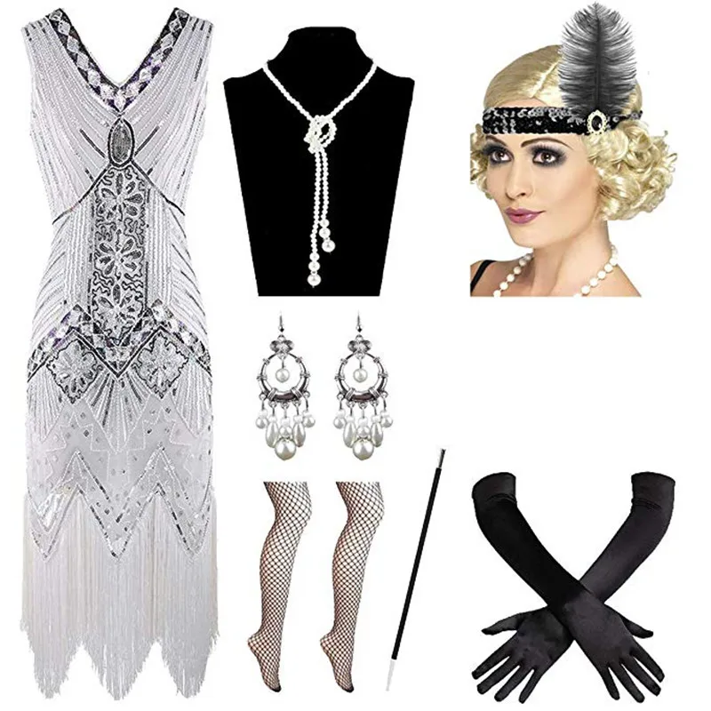 Women&#39;s flapper great GATSBY party sequin tassel V Neck Dress headband necklace  - £61.78 GBP