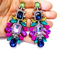 Rhinestone PIERCED Earrings, Chandelier Drop Earrings, Colorful Pageant Earrings - £37.07 GBP