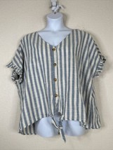 Hayden Women Plus Size 3XL Blue Striped V-neck Button Up Tie Shirt Ruffle Sleeve - $11.88