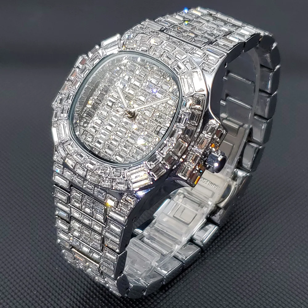 Gold Full Diamond Mens Watches Iced Out Bling Quartz Wristwatch Stainless Steel  - £75.16 GBP